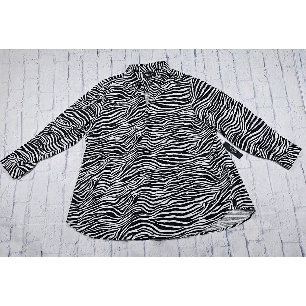 Jones New York Black White Zebra Striped Linen Blend Tunic Top Dress WOMENS 2X
